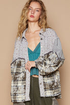 POL Balloon Sleeve Floral Relaxed Fit Color Block Plaid Shirt Brown Grey Trendsi