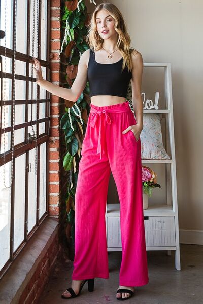 Heimish Watermelon Pink Front Tie Pants with Paperbag Waistband