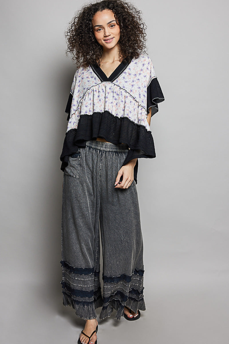 POL Black Floral Print V-Neck Woven Blouse with Gentle Gathers