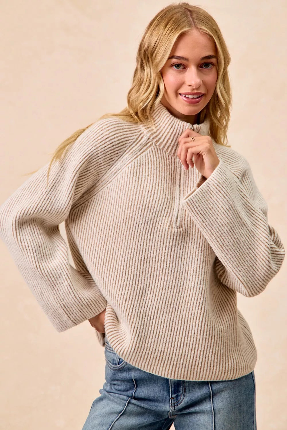 BiBi Taupe Two Tone Rib Texured Knit Collared Top with Zip Up