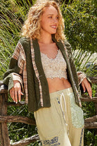 POL Cable-Knit Plaid V-Neck Button Up Cardigan in Moss Shirts & Tops