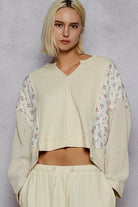 POL Cream Mix Thermal Floral Pattern Quilted Knit Cropped Top with Raw Edge Detail CREAM