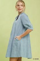 Umgee Print Denim Dress with Contrast Stitch
