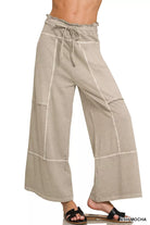 Zenana Ash Mocha French Terry Washed Exposed-seam Wide Leg Pants