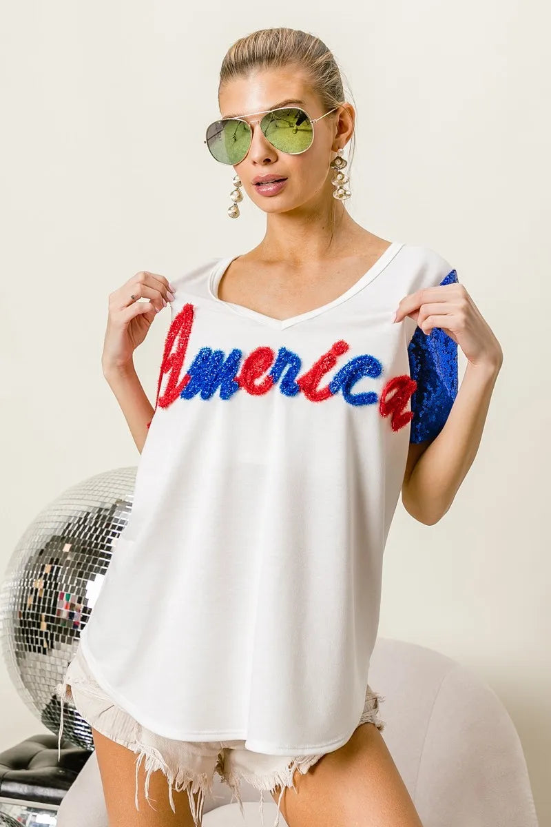 BiBi Metallic Letter America V-neck Sequin Sleeves Top