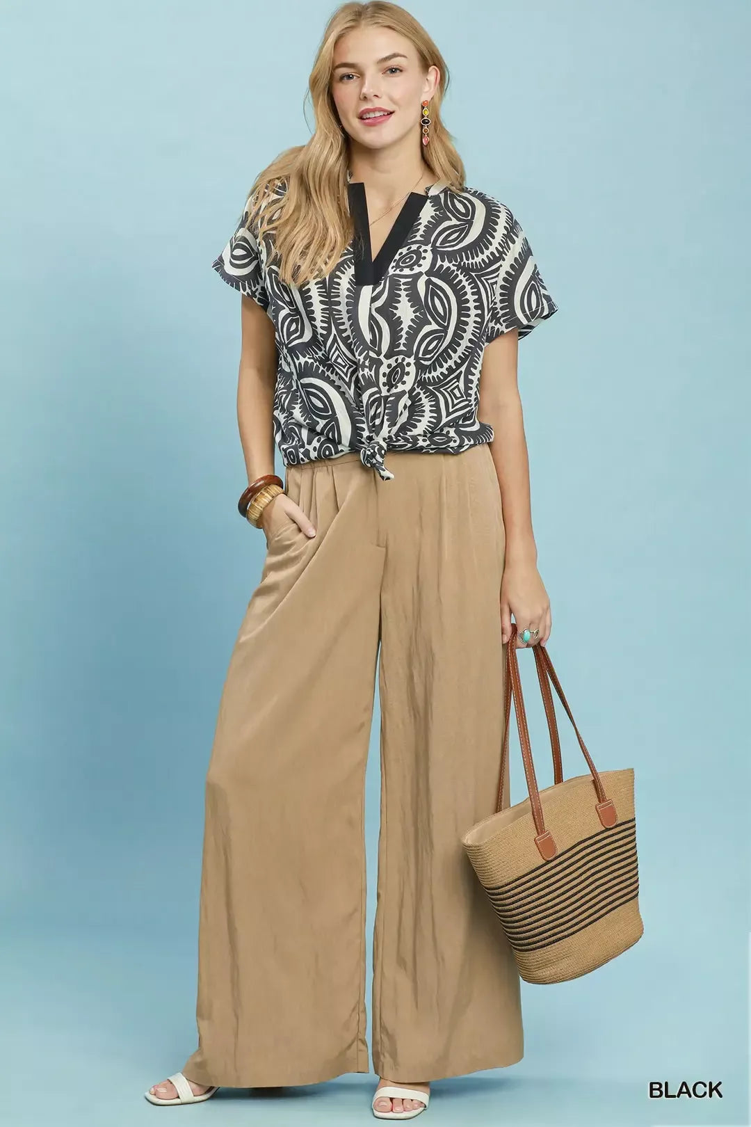Umgee Black Geometric Print V-Neck Short Sleeve Top