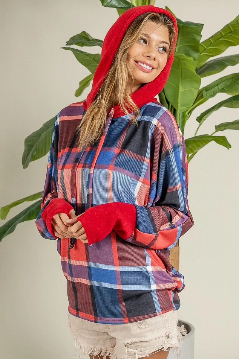 BiBi Red & Blue Plaid Brushed Rib Contrast Thumb Open Hoodie