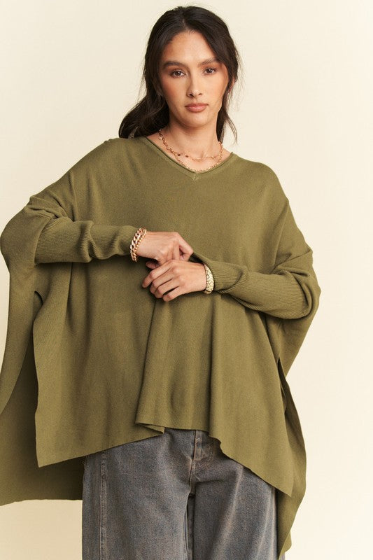 Davi & Dani Olive High-Low Side Slit Batwing Sleeve Top