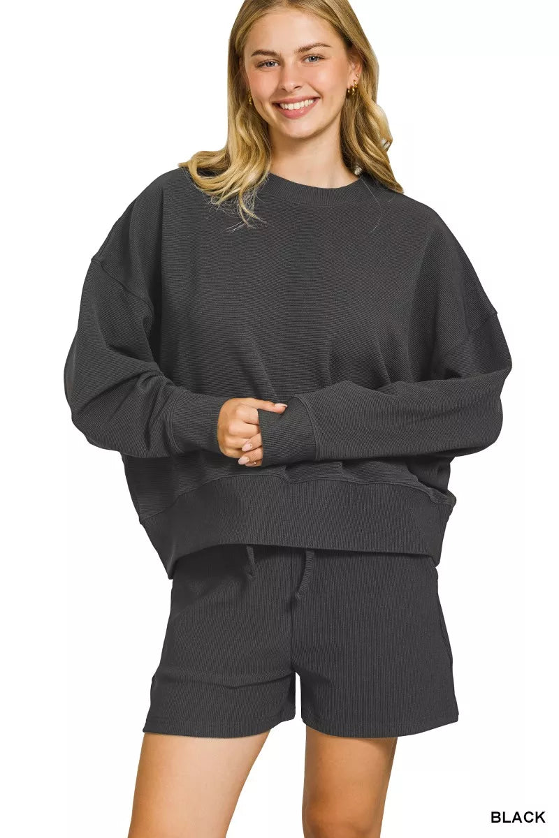 Zenana Black Ribbed Round Neck Pullover and Shorts Set