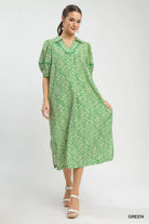 Umgee Printed Puff Sleeve Midi Dress with Pockets GREEN