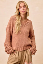BiBi Dusty Peach Chunky Knit Sweater with Flower Detail Sleeves DUSTY PEACH