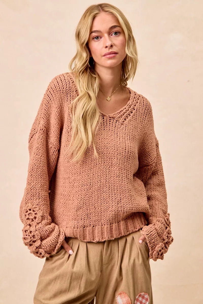 BiBi Dusty Peach Chunky Knit Sweater with Flower Detail Sleeves DUSTY PEACH