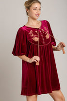 Umgee Burgundy Embroidered Half Sleeve Velvet Mini Dress with Tassel Dresses