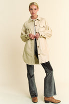 Davi & Dani Beige Faux Leather Button Up Jacket with Chest Pockets Coats & Jackets