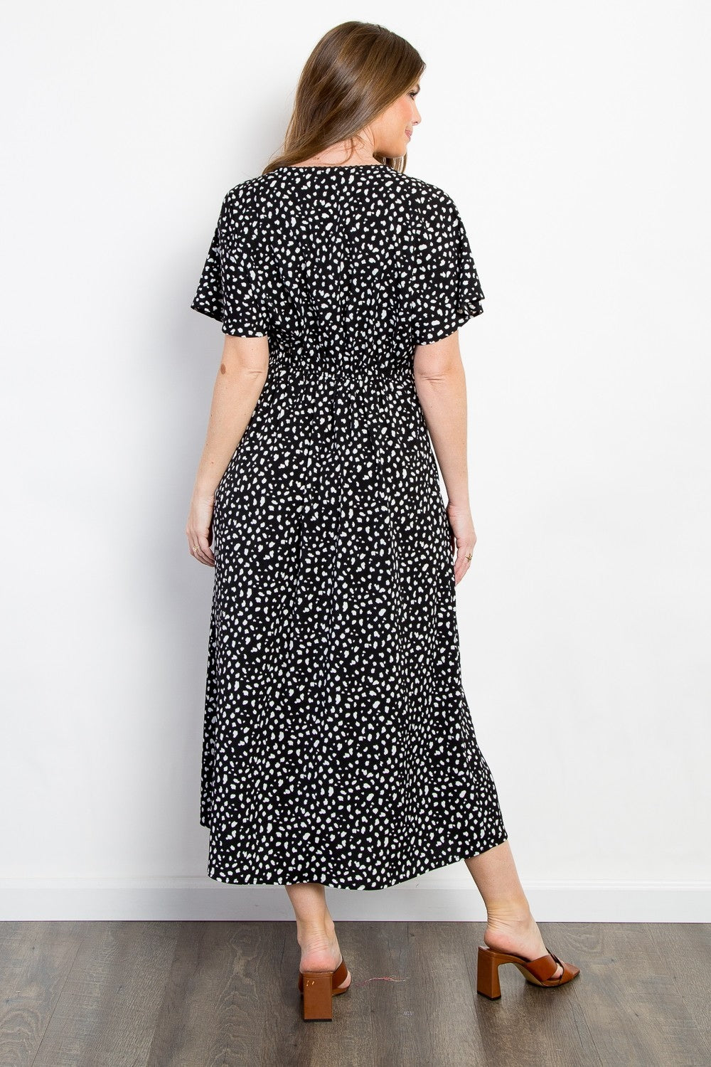 Be Stage Black Spotted Printed Smocked Waist Dress Trendsi