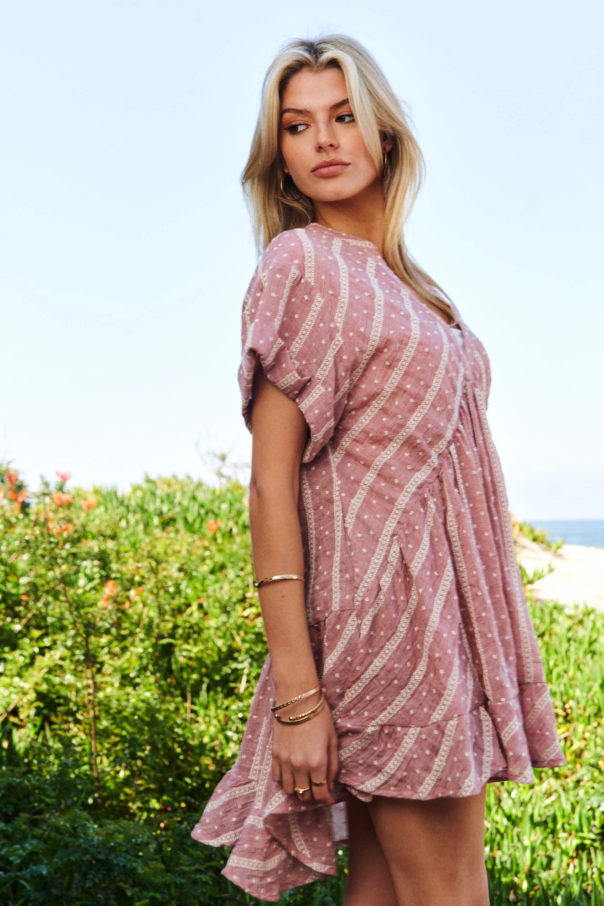 Davi & Dani Embroidery V Neck Short Sleeve Ruffled French Mauve Mini Dress