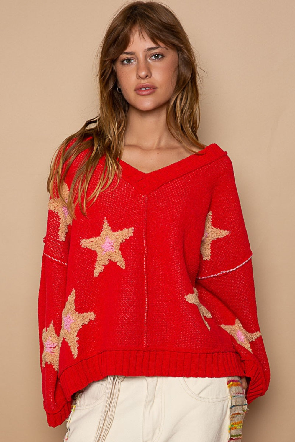 POL Apple Red Long Sleeve Star Patch Sweater Trendsi