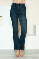 Judy Blue Dark Washed Button Fly Destroy Hem Straight Jeans Trendsi