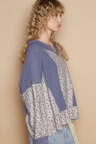 POL Waffle Knit Floral Notched Long Sleeve Top in Dusty Blue Shirts & Tops