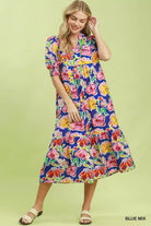 Umgee Blue Mix Floral Print Puff Sleeve Tiered Midi Dress