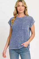 Zenana Navy Halo Snow Washed Cuffed Short Sleeve Tee