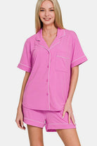 Zenana Bright Mauve Button Down Short Sleeve Top and Shorts Lounge Set BRIGHT MAUVE Loungewear