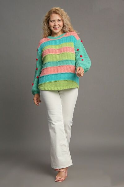 Umgee Color Block Cable Knit Sweater with Pom Pom