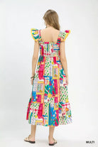 Umgee Abstract Print Smocked Ruffle Sleeve Tiered Midi Dress
