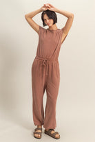 HYFVE Brown Back Keyhole Round Neck Cap Sleeve Drawstring Jumpsuit