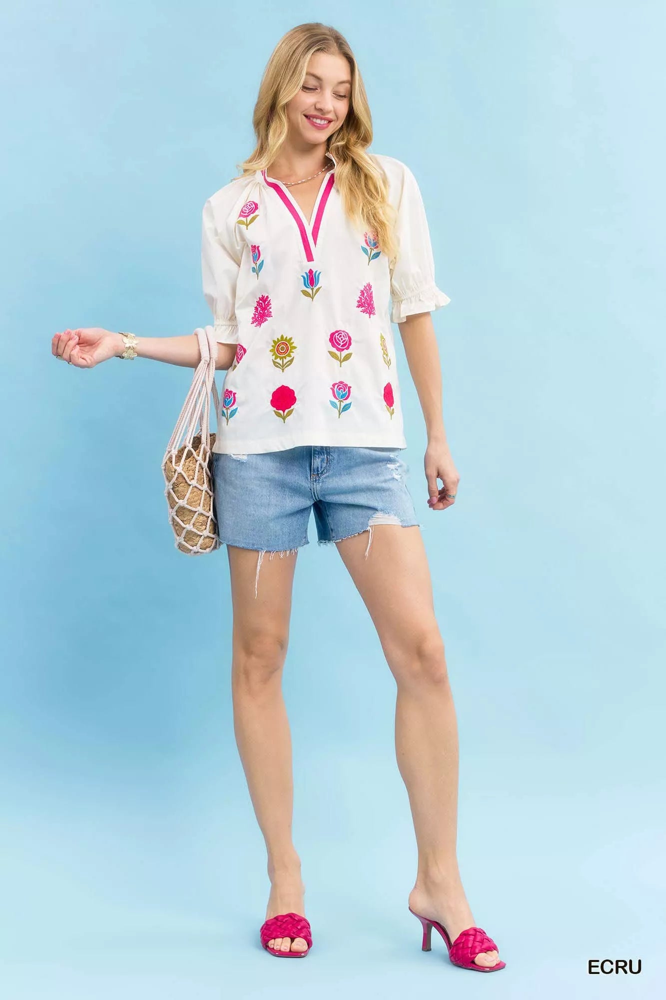 Umgee Embroidered Floral Top with Contrast Trim