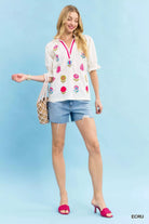 Umgee Embroidered Floral Top with Contrast Trim