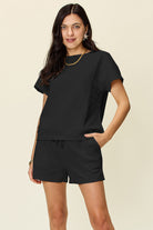 11 Colors- Double Take Quilted Textured Short Sleeve T-Shirt and Drawstring Shorts Set Black Trendsi