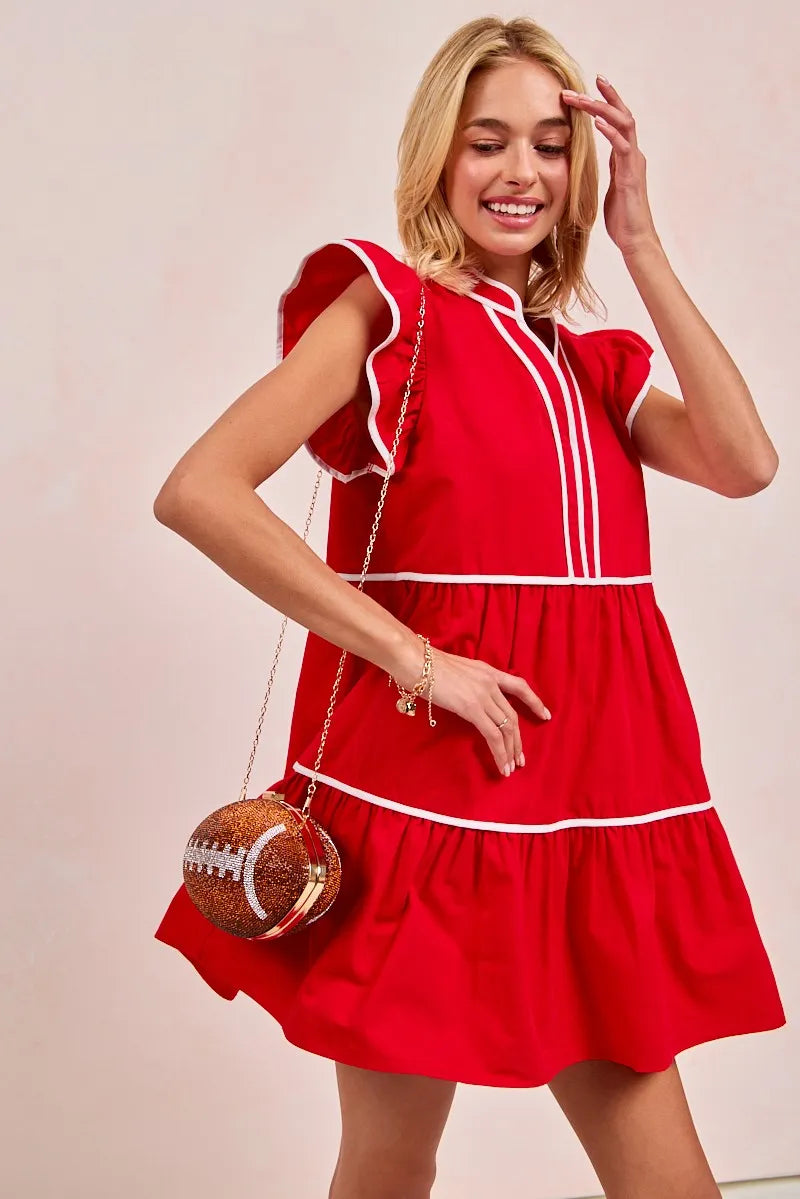 BiBi Red Game Day Theme Contrast Binding Ruffled Dress