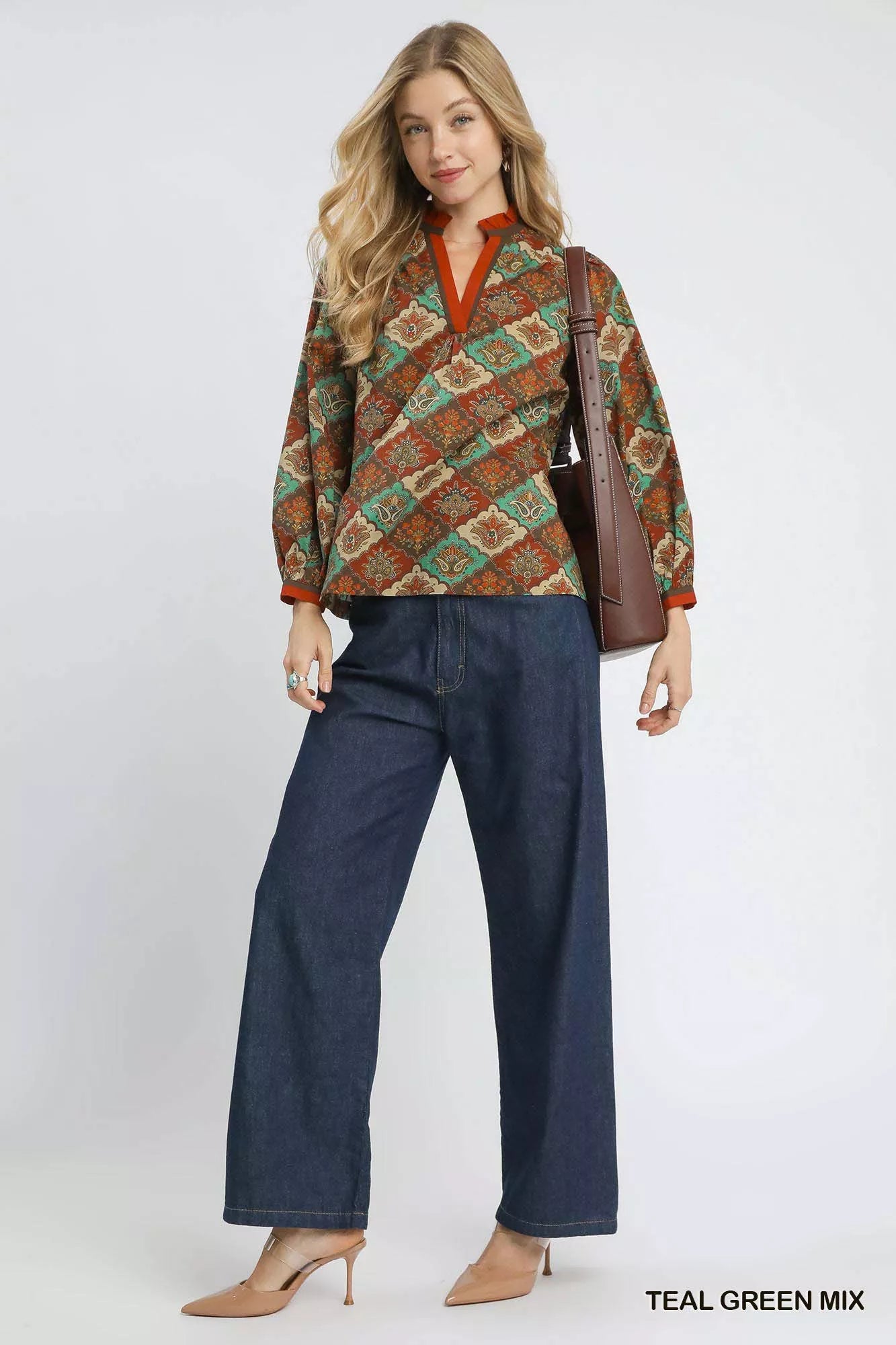 Umgee Teal Green Mix Abstract Print Ruffle Neck Blouse