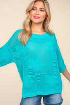 Haptics Mint Floral Crochet Side Slit Knit Top Trendsi