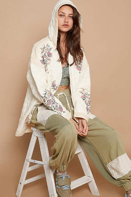 POL Embroidered Open Front Quilted Hooded Jacket with Crochet Pockets Cream Coats & Jackets