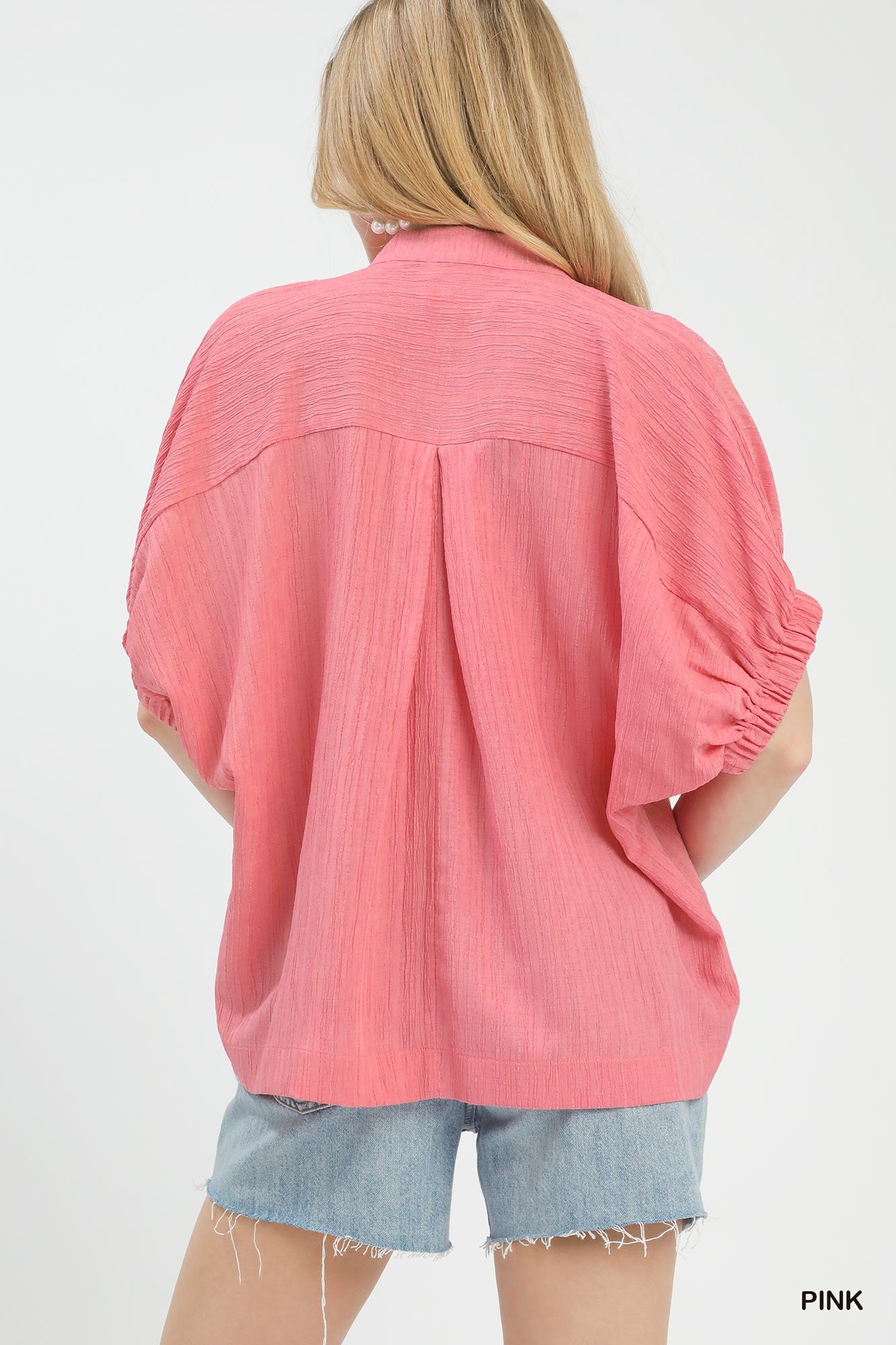 Umgee Pink Textured V-Neck Blouse