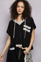 POL Black Short Sleeve Hooded Top with Back-Open & Pearl Detail