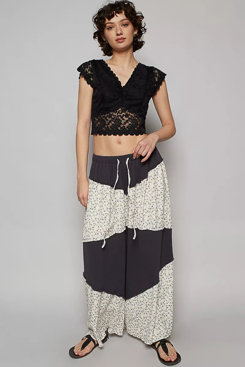 POL Contrast Floral Drawstring Wide Leg Pants