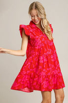 Umgee Red Floral Print Ruffle Cap Sleeve Tiered Dress Red