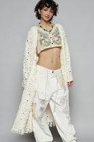 POL Cream Crochet Fringe Open Front Longline Cardigan Cream