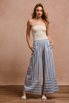 BiBi Denim Combo Striped Wide Leg Pants with Pockets