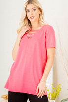 Heimish Hot Pink V-Neck Short Sleeve Top with Bar Detail