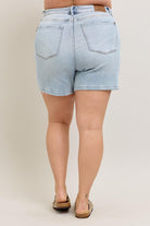 Judy Blue Light Washed Rigid Front Frayed Hem High Rise Denim Magic Shorts with Pockets