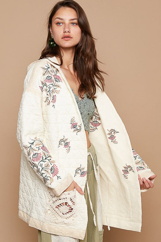 POL Embroidered Open Front Quilted Hooded Jacket with Crochet Pockets Coats & Jackets