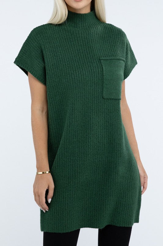 Zenana Mock Neck Short Sleeve Sweater Dress with Pocket in 6 Colors! DK GREEN ZENANA