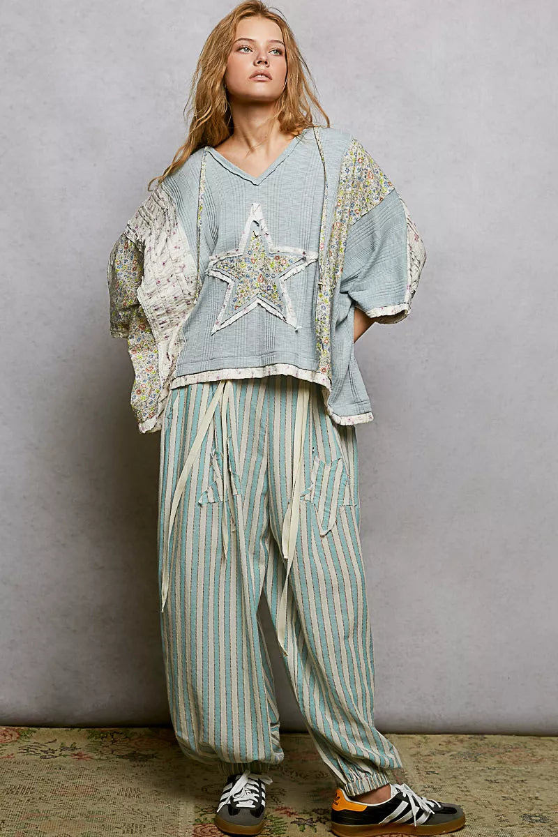 POL Steel Blue Floral Star Patch Hooded Blouse with Lace Contrast Detail