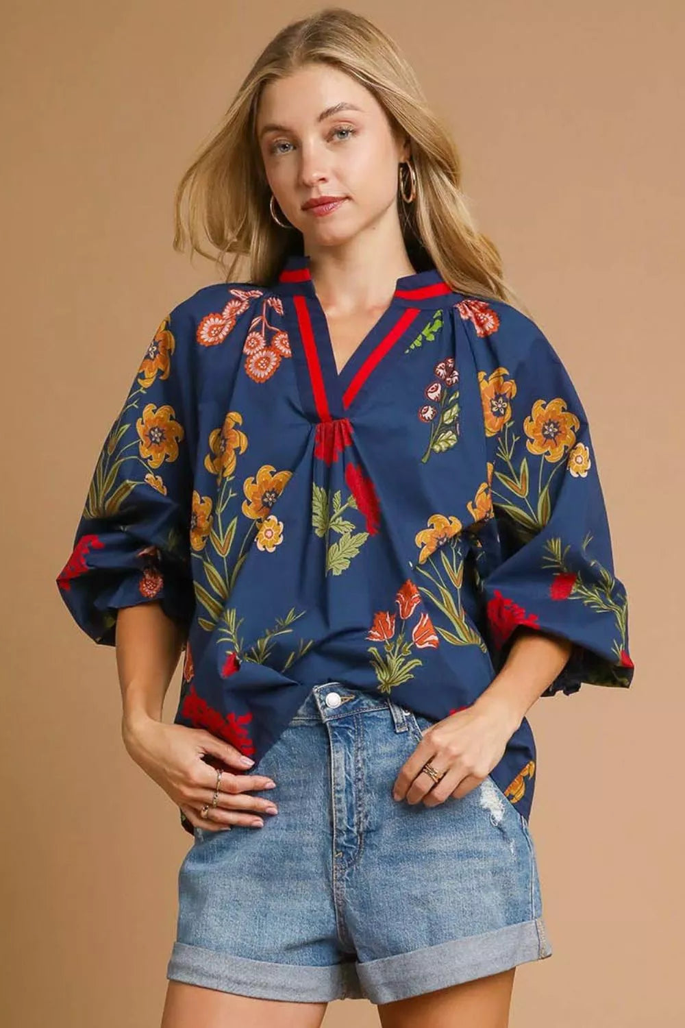 Umgee Midnight Mix Floral Print Flounce Sleeve Blouse MIDNIGHT MIX