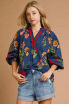 Umgee Midnight Mix Floral Print Flounce Sleeve Blouse MIDNIGHT MIX