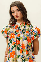 BiBi Cream & Multi Color Floral Print Woven Ruffle Sleeve Blouse
